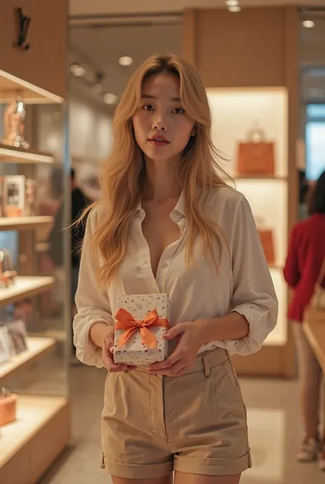 Beautiful 24-year-old Chinese woman eyes delicate skin shiny long blonde hair wearing shorts buying a gift for her wife a Louis ...