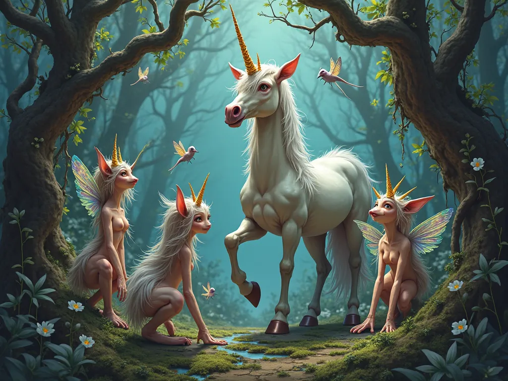 Draw a picture using a fantasy style in which fairies appear, Elves and unicorns, Also give it a bit of a grotesque and bizarre ...