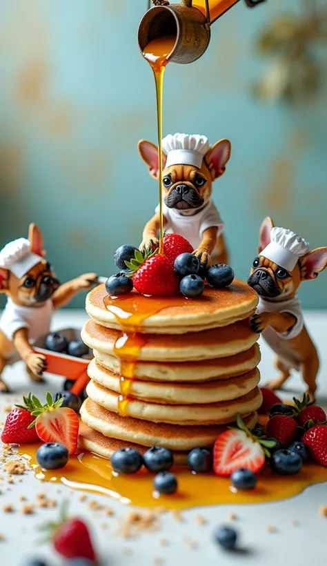 "A whimsical miniature world where tiny french bulldogs dressed as chefs are building a giant stack of pancakes. A realistic to...