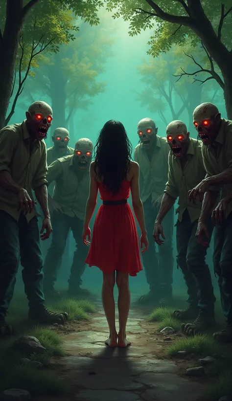 In a quiet corner of the park stood a in a red dress—alone and scared.
The zombies surrounded her, eyes glowing, faces full of ...