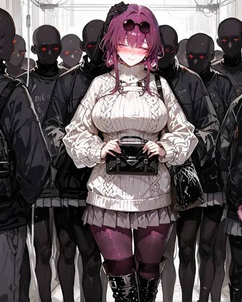 1people, Kafka, Big Breasts, White cable knit sweater, grey pleated skirt, black tights, Black Knee High Boots, Standing, strok...