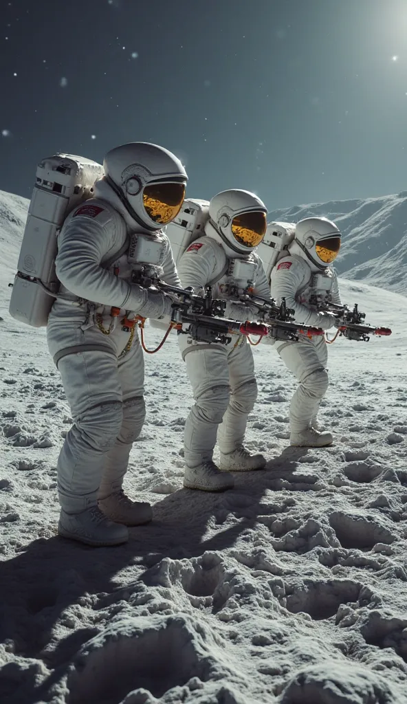 Astronaut team conducts geological surveys using advanced lunar drills.