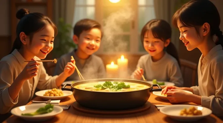 A cozy family dinner setting with bowls of soup, bok choy floating gently in broth, relaxed evening atmosphere.