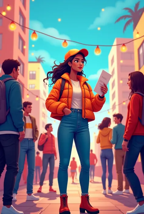 Create a vibrant and eye-catching Instagram post illustration. The scene should show a confident promoter (young, stylish, holdi...
