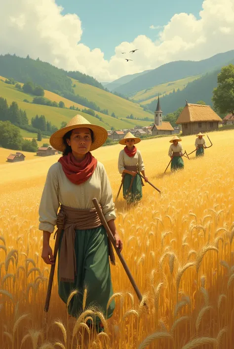 Farmers harvesting wheat in village. With village background
