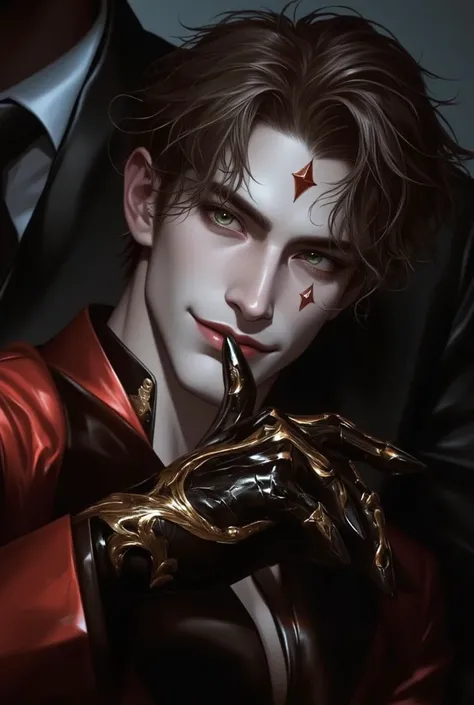 handsome Androgynous jester character with porcelain skin, smirking expression, dark red and gold jester outfit, sharp facial fe...