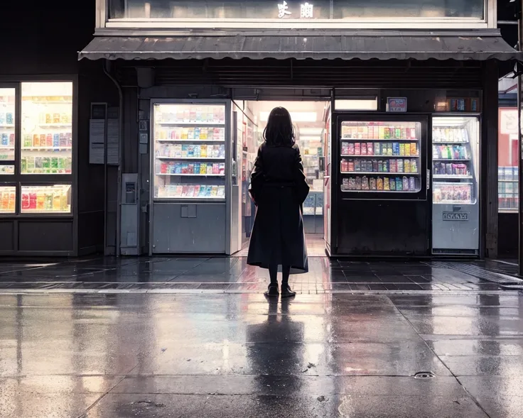 A nostalgic Japanese shopping street at night, with all shop shutters closed and dim lights glowing from vending machines and ol...