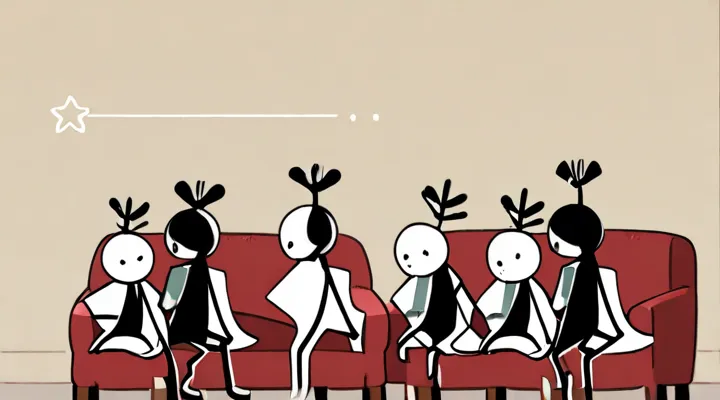 Two stick figures sitting side by side on a couch, peaceful expressions, a small distance between them.