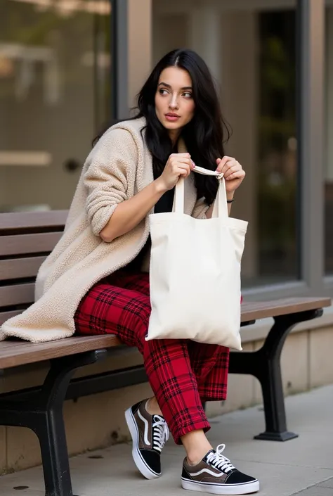 a beautiful skinny Russian woman with black hair, sitting on a bench wearing red plaid pants and (Vans® sneakers), holding one h...