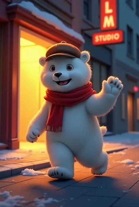 A friendly anthropomorphic polar bear wearing a red scarf and a newsboy cap, walking out of a brightly lit film studio at night,...