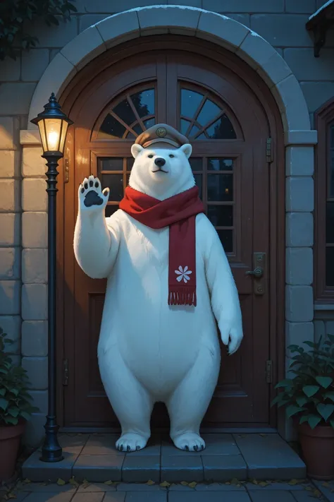 Setting: Outside a brightly lit film studio at night.
Action: The polar bear walks out of the studio doors, waving back at the ...