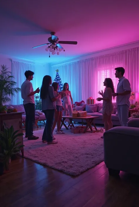 A spacious, modern apartment living room with youthful, improvised decor. A small party is taking place with only around 8 to 10...