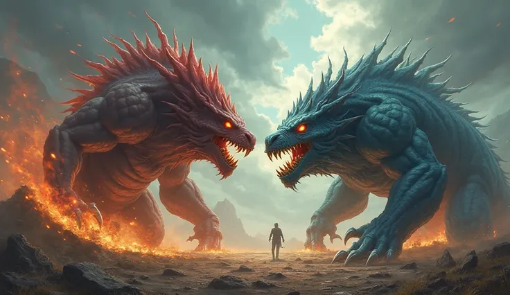 Both beasts stand at opposite ends of the battlefield. A ground-level shot captures them locked in a silent stare-down—tension h...