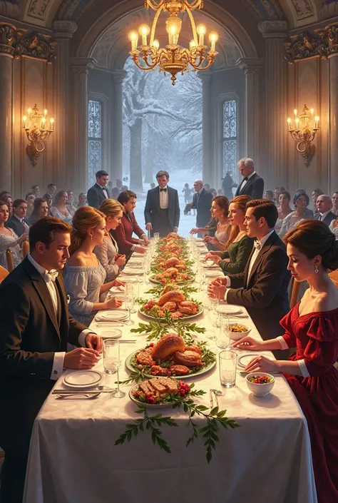 An image of the long table with white tablecloths, silver cutlery, candles and holly, with a several servants a man and a wom...