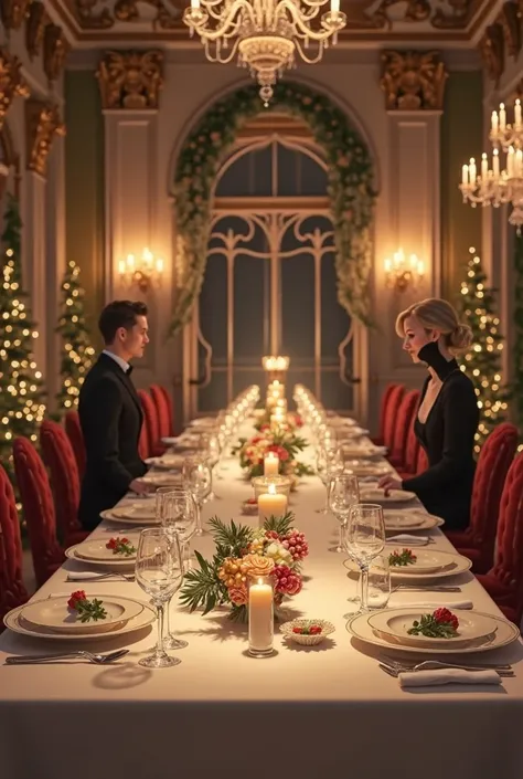 An image of the long table with white tablecloths, silver cutlery, candles and holly, with a servants a man and a woman sitti...