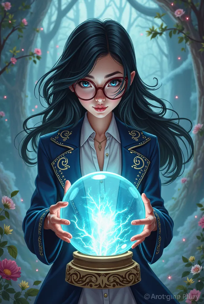in fantasy cartoon style, black-haired adult woman, glasses, Wearing a coat I see a crystal ball