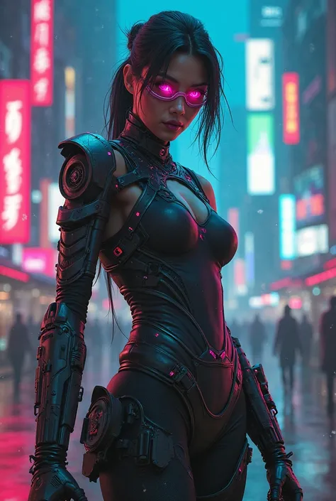 Cinematic scene of a woman with cyberpunk-style weapons with vibrant neon colors
