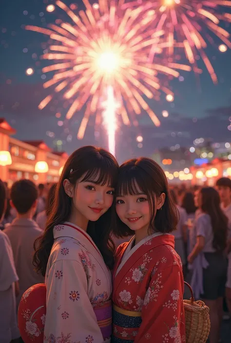 Japanese summer nights, fireworks display , Two 20-year-old Japanese women, A has glossy brown hair and long hair, B has glossy...