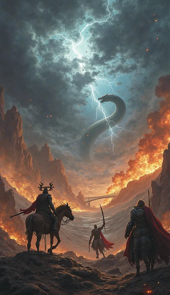 "A dramatic scene of Ragnarök from Norse mythology. The gods and giants clash in an apocalyptic battle beneath storm-filled skie...