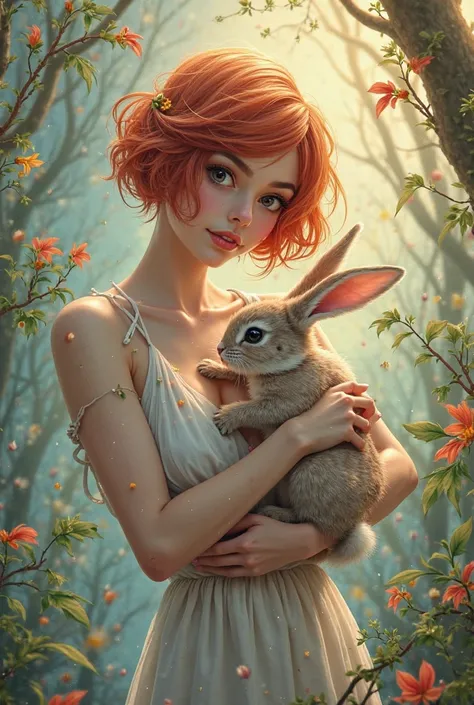 A young woman with a sexy dressed red hair cut, She fits the pretty Easter bunny in her arms. In their turn are the 4 elements :...