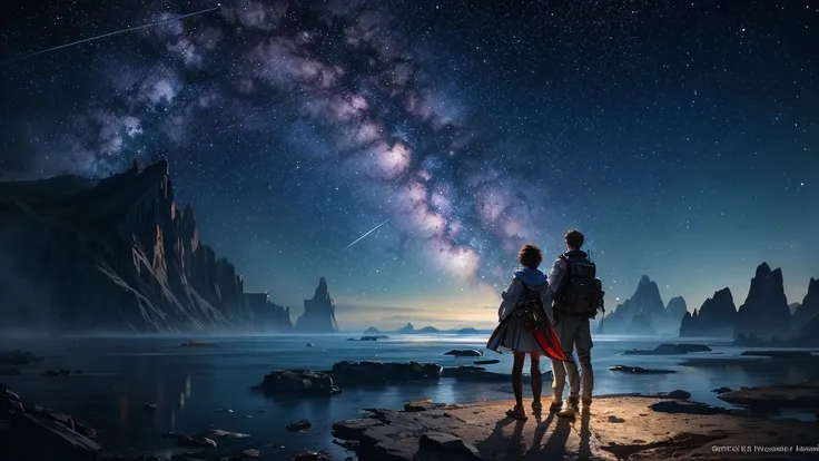 Depicts two men and women looking at the stars, Milky Way, standing on a floating research platform in the middle of the astero...
