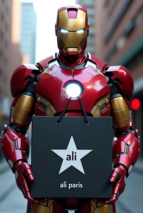 Make me an image of iron man holding a black shopping bag with a white star on it and under the star there should be written “AL...