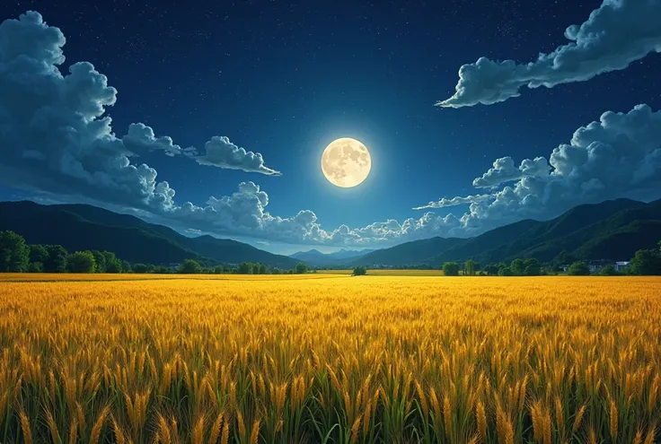 (only gold and deep blue),The night sky, illuminated by the moonlight, spreads over the rice fields at harvest time, where beaut...