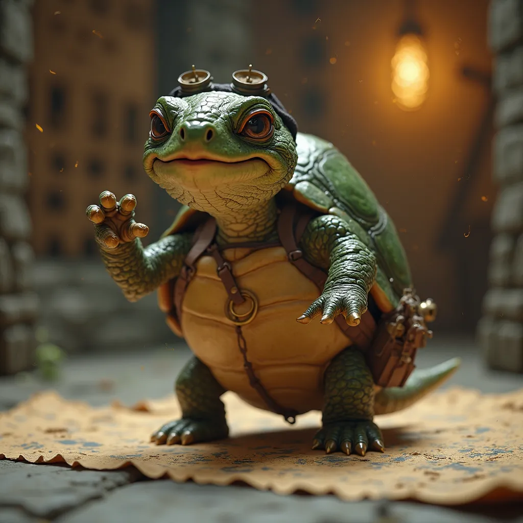 A medium shot of a realistic turtle in a whimsical fantasy setting, captured with ultra-realistic detail and cinematic lighting....