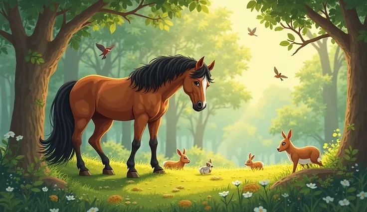 A storybook-style illustration of a beautiful and powerful horse peacefully grazing in a lush green forest. The horse has a shin...