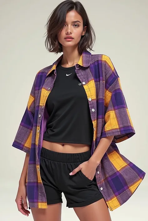 black volleyball shirt with purple and yellow flannel type that reaches the navel