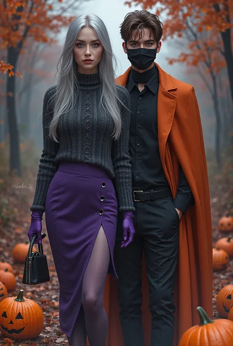 Femme cheveux gris long pull anthracite manches violet jupe violet collant anthracite yeux bleu avec homme chemise noir cape ora...