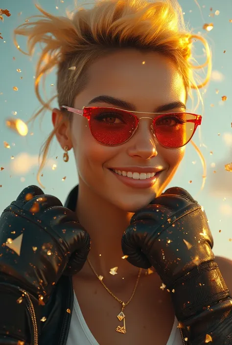 woman、grin、GoldGradationColorUnderCut、happy_sigma、ShinySkin、TransparentBackground、Slender、Bird's eye view、red_color_Sunglasses、t...