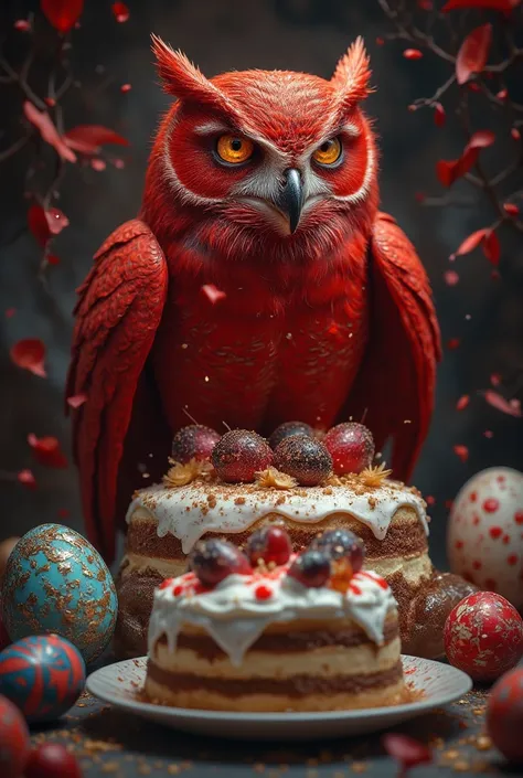 Easter Day, a red owl with an unpeaceful look storing decorated eggs and baked cakes with cream of different colors