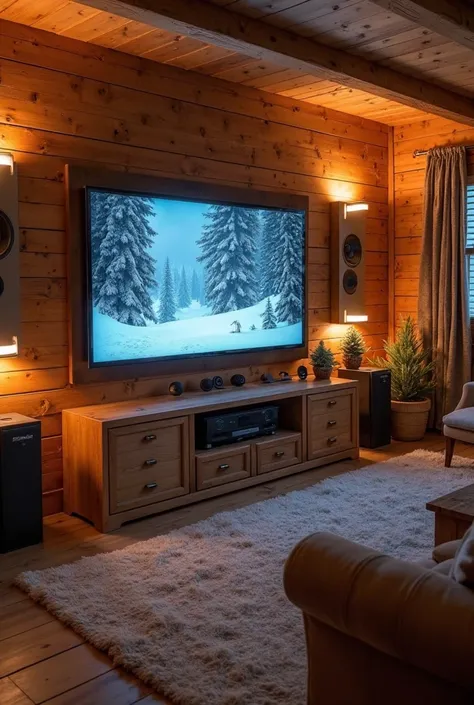 Flat-screen TV and surround system in the cabin showing an action movie with soft lighting around."
Style: Entertainment tech sh...