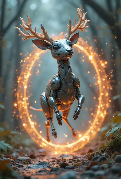 A picture of a robotic mouse deer without the horn that jump to a portal which connect to a virtual world