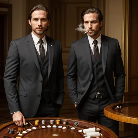 Portrait of single American man, 29 years, brown long hair without beard, standing in front of pocker table, wearing black suit ...