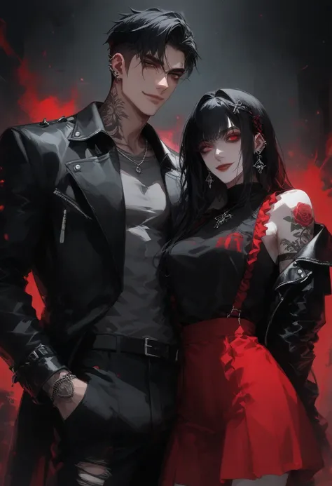 A gothic couple, standing together in a dark, cool room. The woman wears a fitted red top under an oversized black leather jacke...