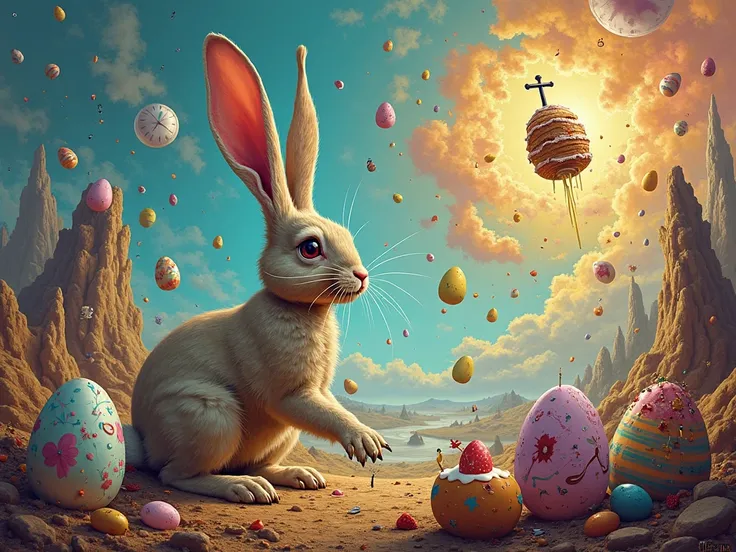 Create an Easter card. in the style of Salvador Dali . Colored eggs, rabbit, Easter cake . For musicians, writers , journalis...