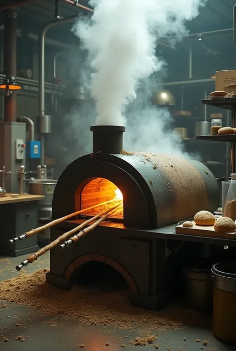 Le four à pain, fumant dans le laboratoire de l'usine, with deformed chopsticks coming out.