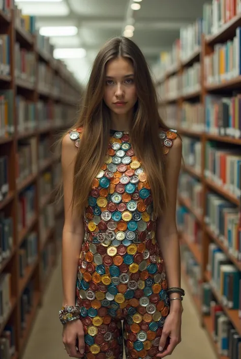 standing with arms extended, long straight hair, unique outfit made of bottle caps, indoor library setting, surrounded by booksh...