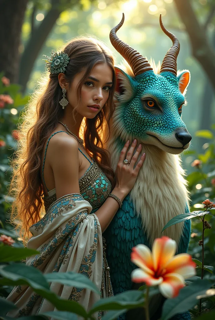 (masterpiece, best quality:1.2), 1girl, solo, random exotic colourful creature, background jungle theme