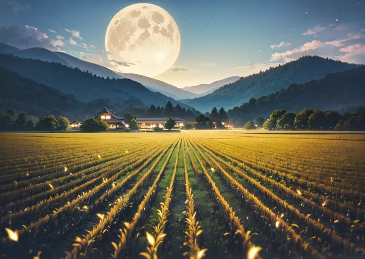 A magical Japanese terraced rice field at night, illuminated by a full moon and surrounded by forested mountains. The water in t...