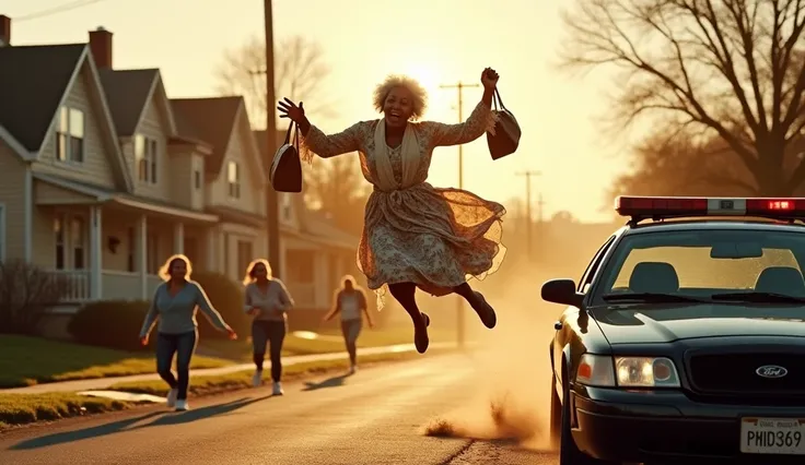 A dramatic action scene in a quiet suburban neighborhood at golden hour. An elderly Black woman wearing a vintage floral dress a...