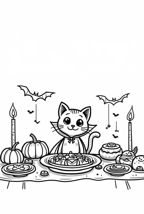 A black and white line art illustration for a Halloween-themed coloring book, featuring a cute black cat dressed in a festive Ha...
