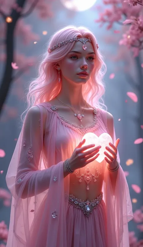 A graceful male fairy spirit inspired by the rose quartz gemstone, gently floating in a moonlit, enchanted forest. This youthful...