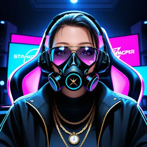 Ultra-detailed portrait of a billionaire gamer wearing a futuristic luxury gas mask, high-end RGB gaming headset, dark sunglasse...