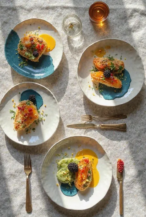A highly stylized overhead view of a modern, minimalist table with beautifully plated sweet and savory dishes. Inspired by Japan...