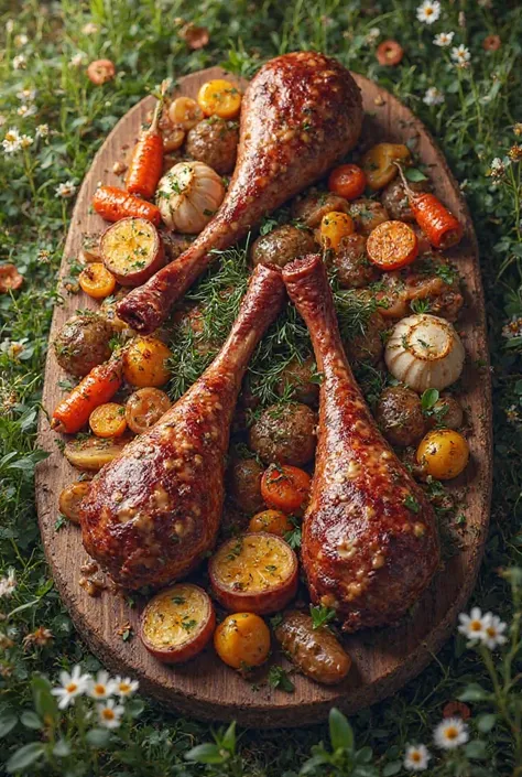 Large meat legs with potatoes,Other vegetables and sauce on wooden plates in a meadow Medieval look just to see the dish from ab...