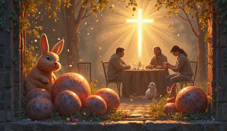 A digital painting showing a dramatic contrast: in the foreground, oversized chocolate eggs and playful rabbits scattered in a c...