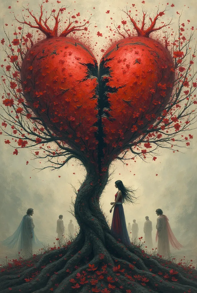 Two hearts in a relationship that has no future, A heart is broken and unhappy. In the background, a tree of life that is losing...